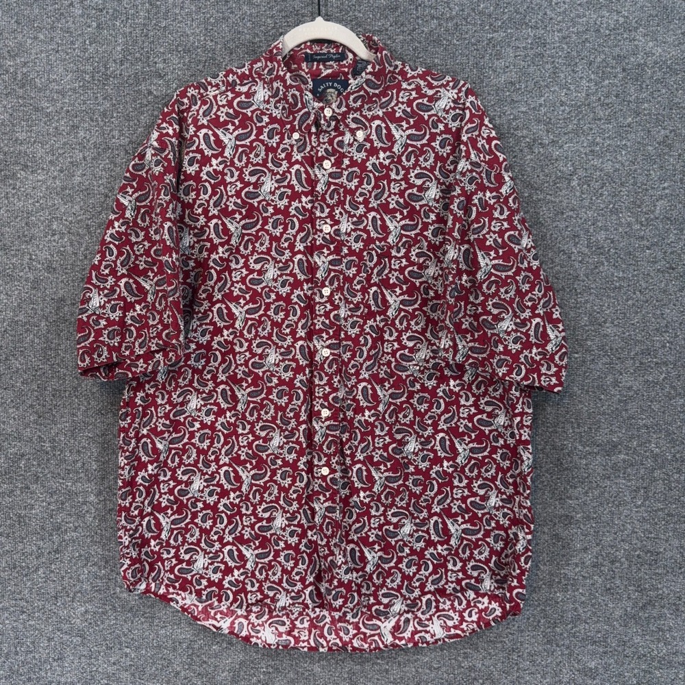 Salty Dog Shirt Men Large Burgundy Paisley Poplin Short Sleeve Button Down